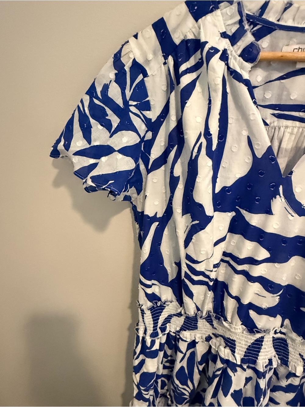 Chico's Flutter Sleeve Blue White Tropical Maxi Dress Size 2 US 12 Cotton Resort - Picture 7 of 15